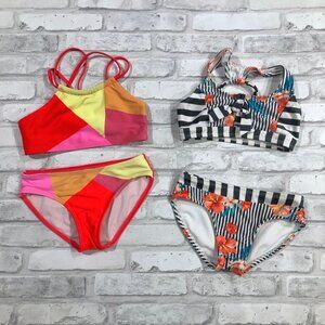 ART CLASS | Girl's Bikini Bundle XS 4/5 Neon Geo Striped Floral
